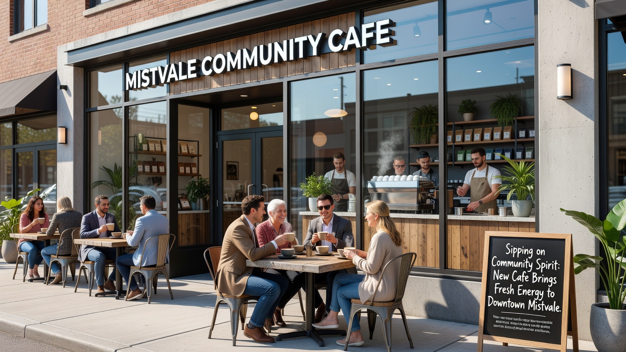 Interior of the cafe showing customers at tables with coffee cups and community bulletin board in background